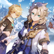 An illustration of Albedo, Aether, and Paimon standing in the Dragonspine Mountains.
